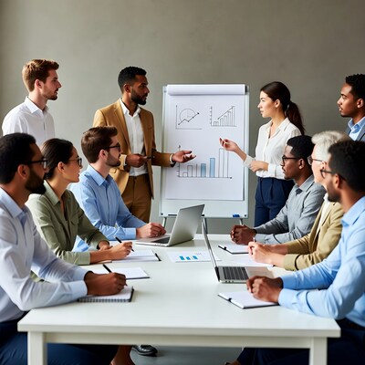 Diverse team business meeting with charts