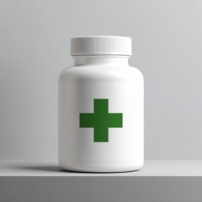 White pill bottle with green cross