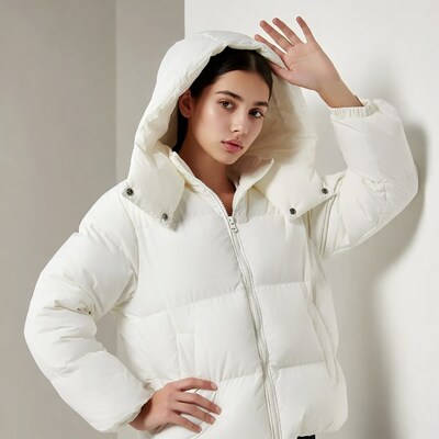 Woman in white puffer jacket with hood