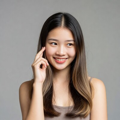 Asian woman touching cheek smiling