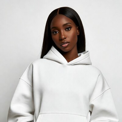 African-American woman in white hoodie