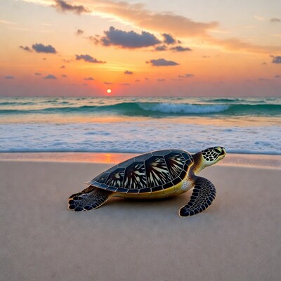 Sea turtle on beach at sunset