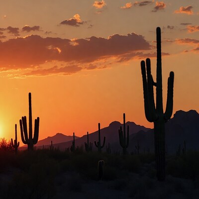 Saguaro cacti at sunset with mountains