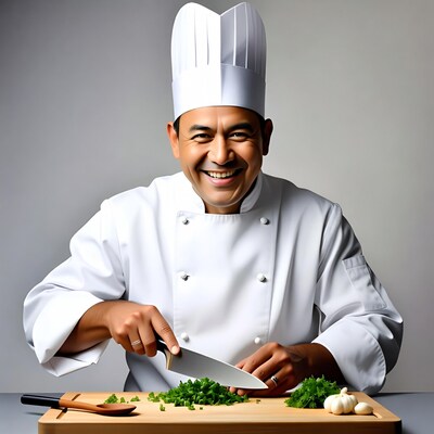 Asian chef chopping herbs