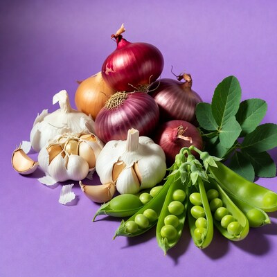Onions Garlic Peas on Purple Background