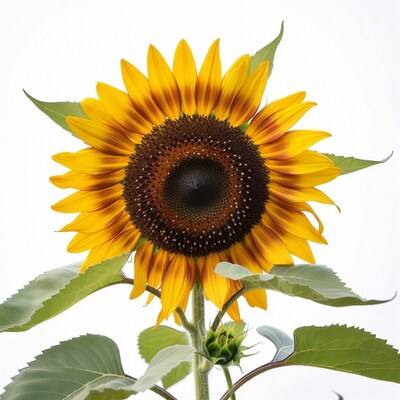 Sunflower with Leaves on White Background
