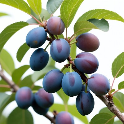 Ripe Plums on Green Leaves