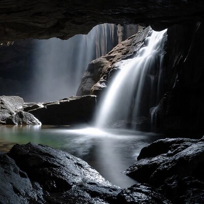Waterfall cascading in cave