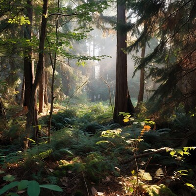 Sunlit Fern Forest Path