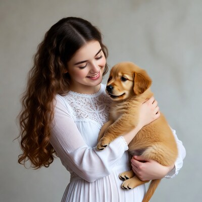 Woman holding golden retriever puppy