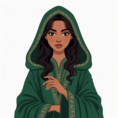 Woman in green hooded robe