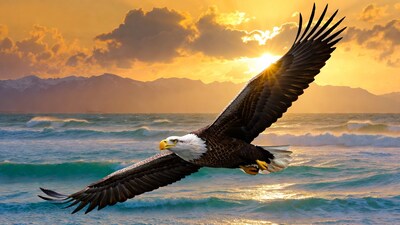Bald Eagle Flying Over Ocean Sunset