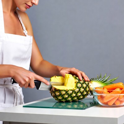 Woman cutting pineapple in apron