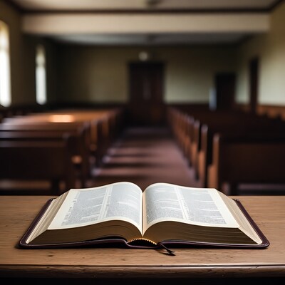 Open Bible on table in church
