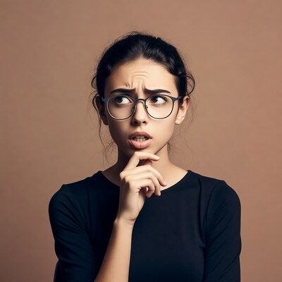 Woman thinking with hand on chin