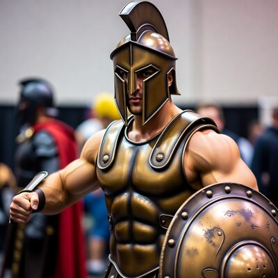 Muscular man in Spartan warrior cosplay