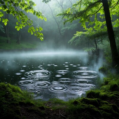 Rain Ripples on Misty Forest Pond