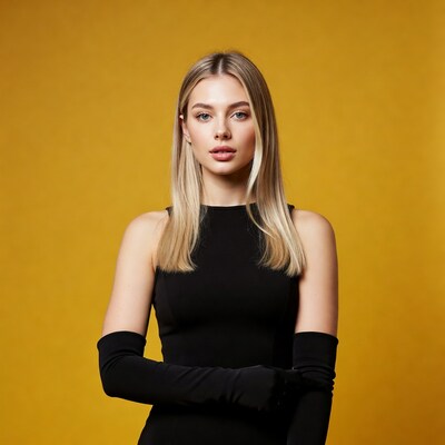 Blonde woman in black dress and gloves