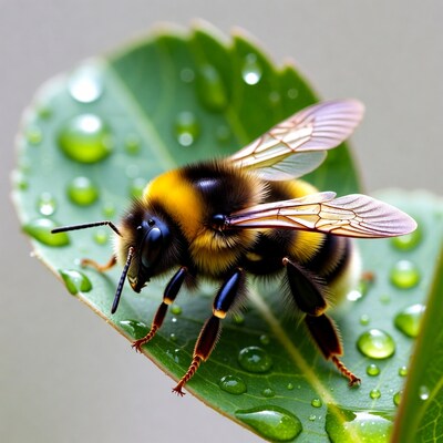 Bumblebee on dewy green leaf