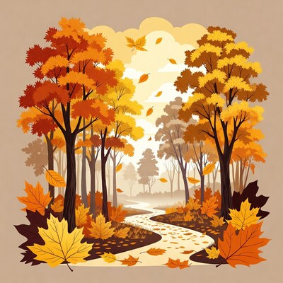 Autumn Forest Path with Falling Leaves