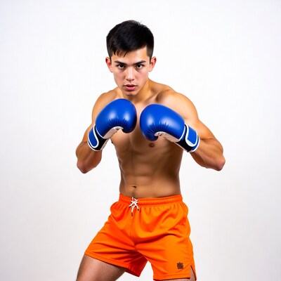 Asian young man boxing gloves pose