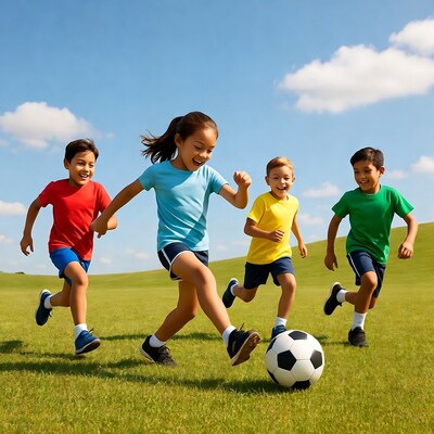 Asian kids kicking soccer ball outdoors