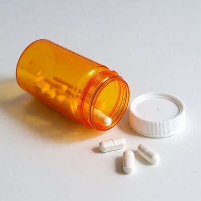 Open orange pill bottle with white pills