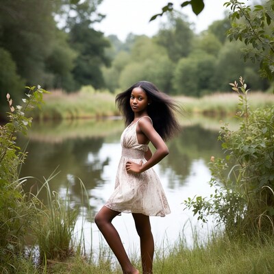 Black girl in dress by lake