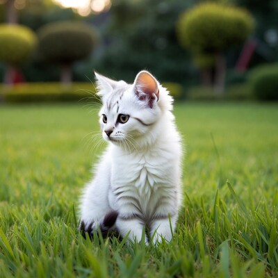 White fluffy kitten sitting in green grass
