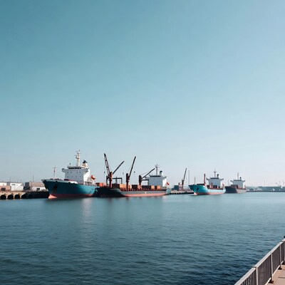 Cargo ships docked at harbor