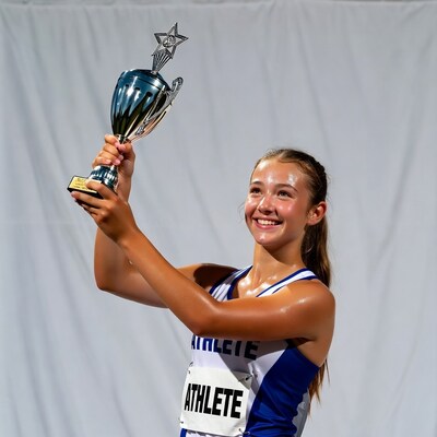 Teen girl holding trophy