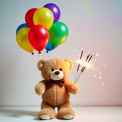 Teddy bear holding sparklers with balloons