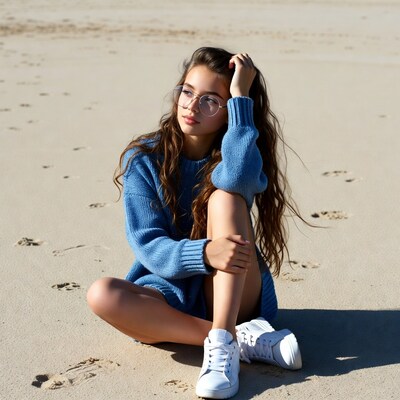 Girl in blue sweater sitting on beach
