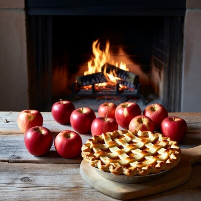 Apple pie with apples by fireplace
