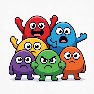 Colorful cartoon blobs with emotions