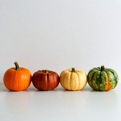 Four colorful pumpkins on white background