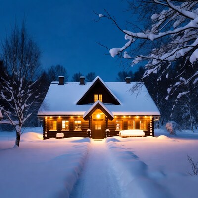 Snowy Log Cabin at Night