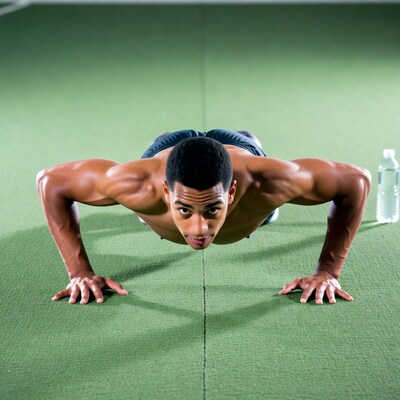Black man doing pushups on gym mat