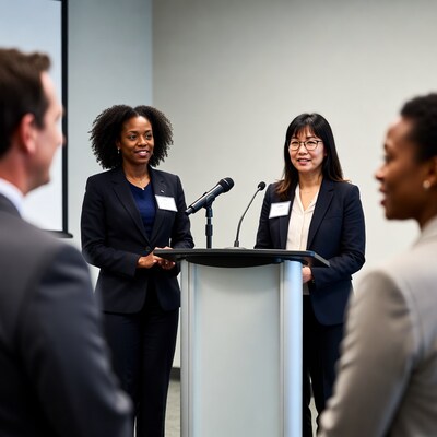 Women speaking at conference podium