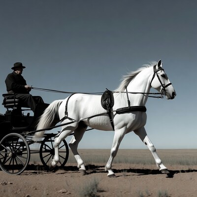 Man driving white horse carriage