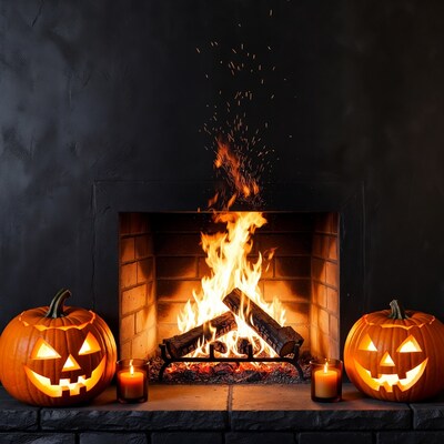 Jack-o-lanterns by fireplace