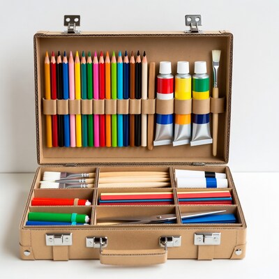 Open art supply case with crayons and paints