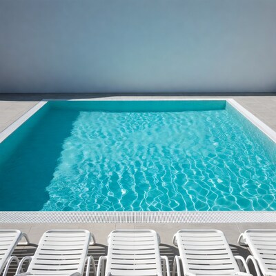 Infinity pool with white lounge chairs