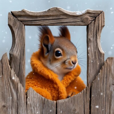 Red squirrel in orange coat peeking through wooden frame