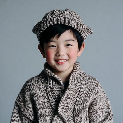 Asian boy smiling in knit hat