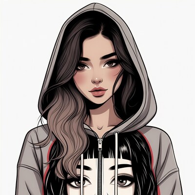 Asian woman in hoodie with dual faces
