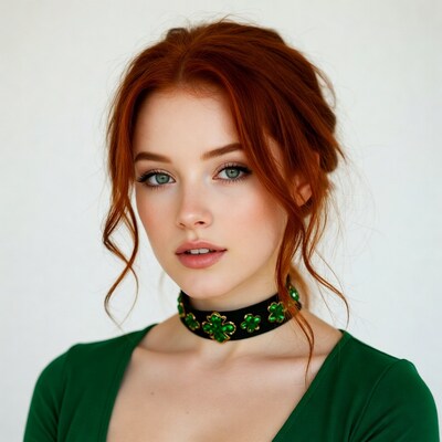 Redhead woman in green shamrock choker