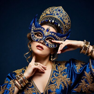 Woman in blue feathered masquerade mask