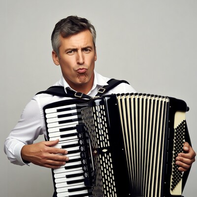Man playing accordion with pout