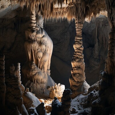 Stalactites in illuminated cave